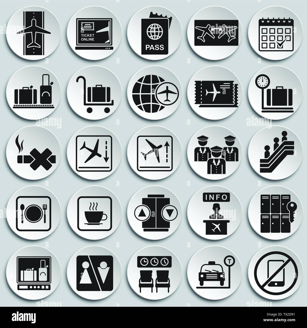 Aeroporto di icone correlate impostato su piastre sfondo per progettazione grafica e web. Vettore semplice segno. Concetto di Internet il simbolo per il sito web pulsante o mobile Illustrazione Vettoriale