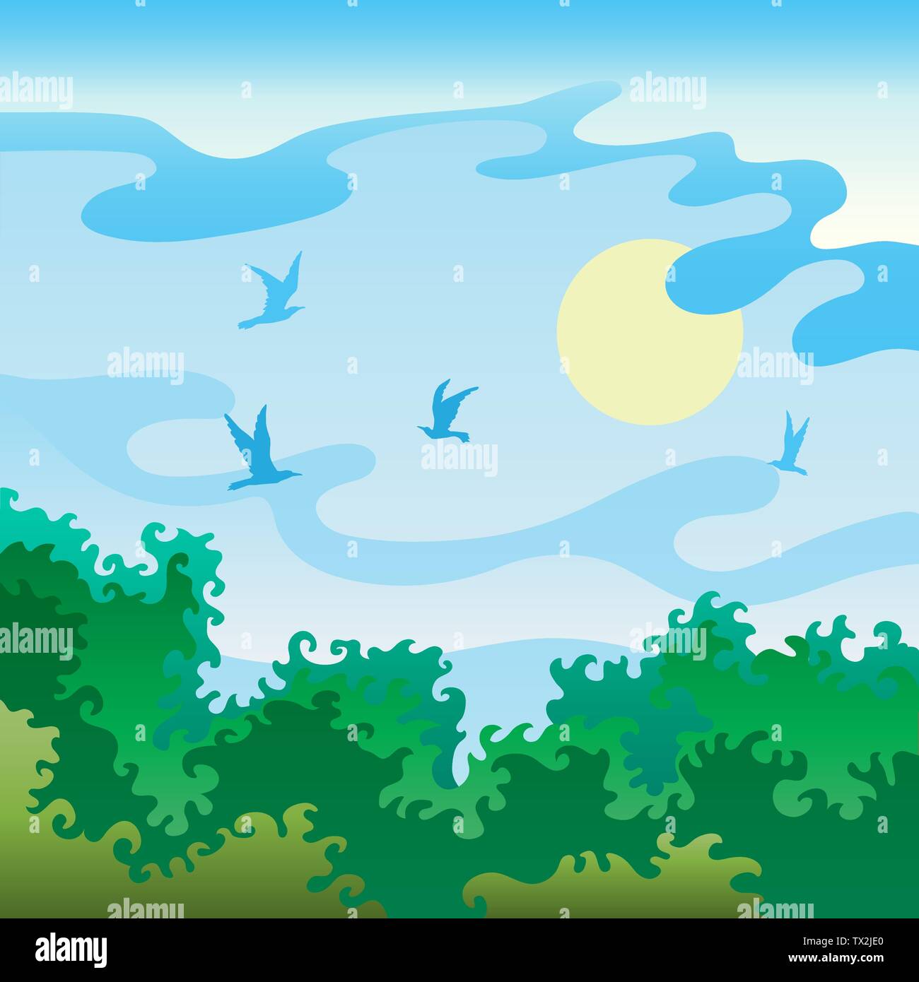 Paesaggio estivo con gli uccelli Illustrazione Vettoriale