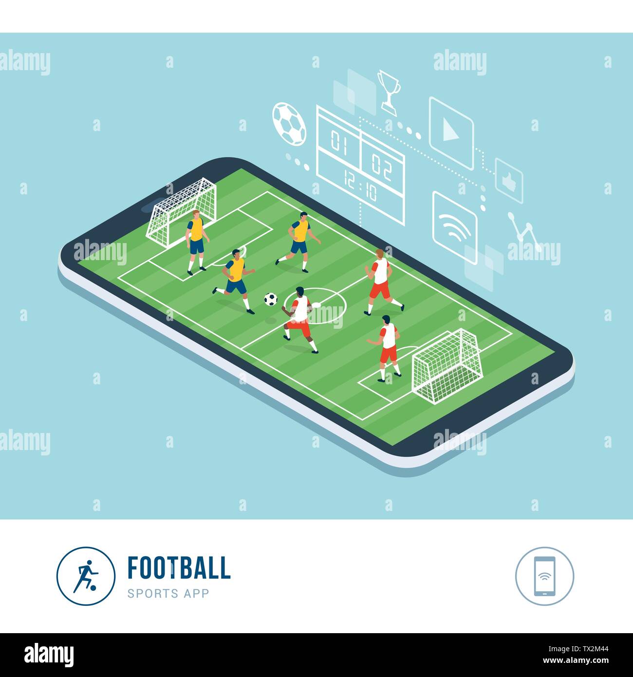 Sport Professionali concorrenza: partita di calcio, le squadre di calcio che giocano insieme in un campionato, mobile app Illustrazione Vettoriale