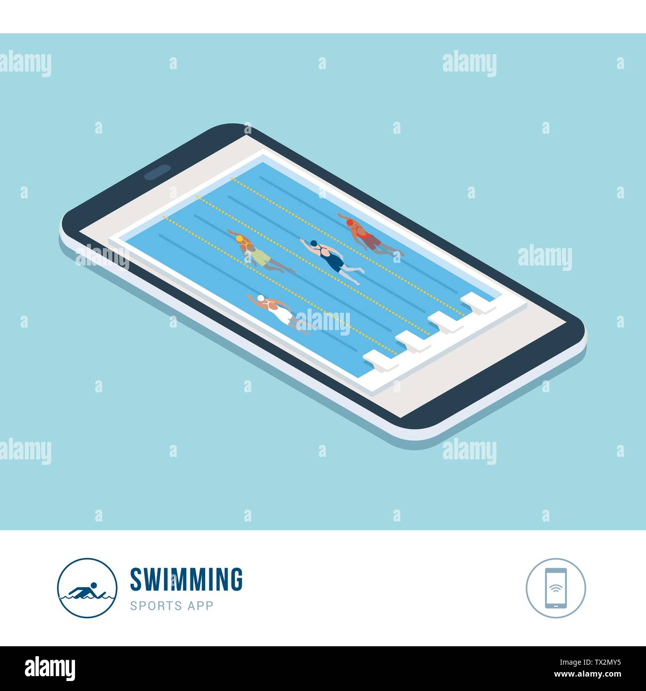 Sport Professionali concorrenza: nuoto, professional nuotatori concorrenza in un pool, mobile app Illustrazione Vettoriale