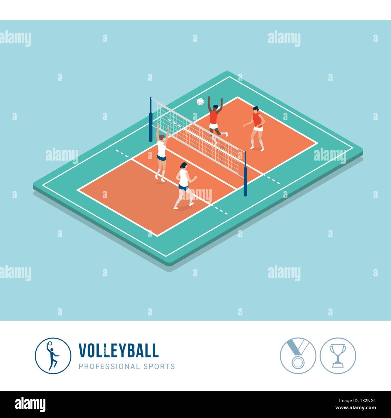 Sport Professionali concorrenza: la partita di pallavolo contro giocatori femmina Illustrazione Vettoriale