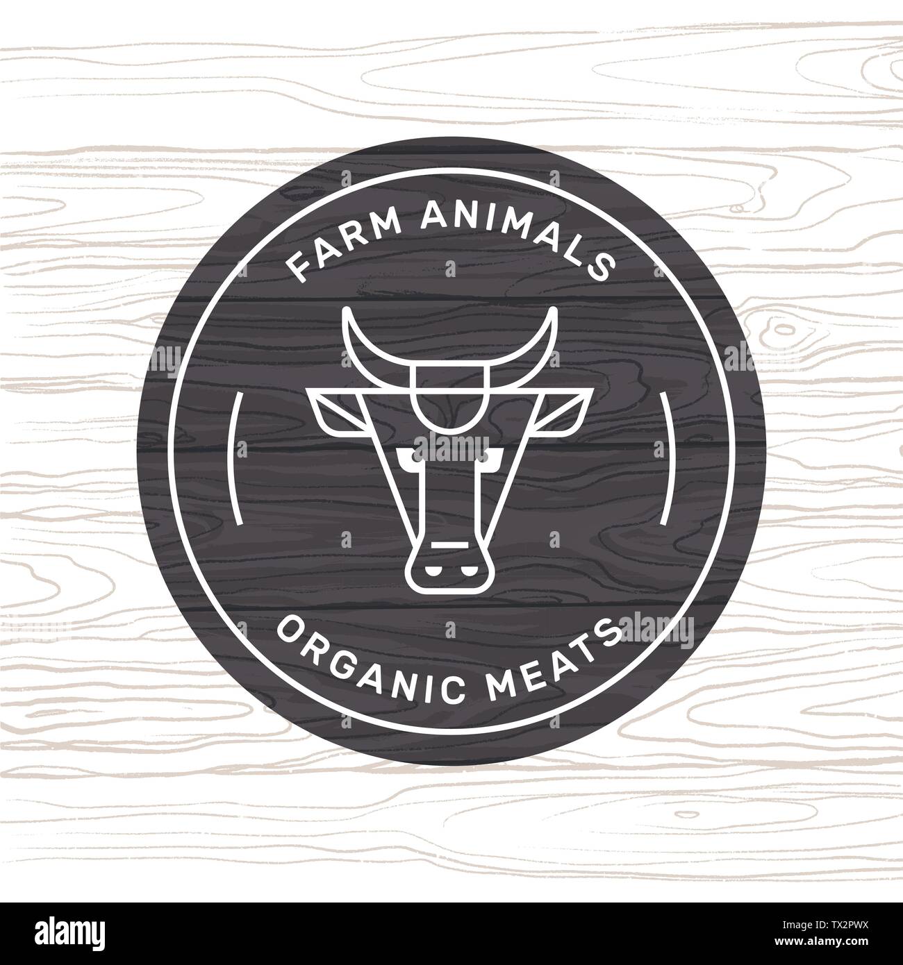 Un toro è disegnato in un stile lineare per una fattoria logo su uno sfondo di legno di vettore di texture. Illustrazione Vettoriale