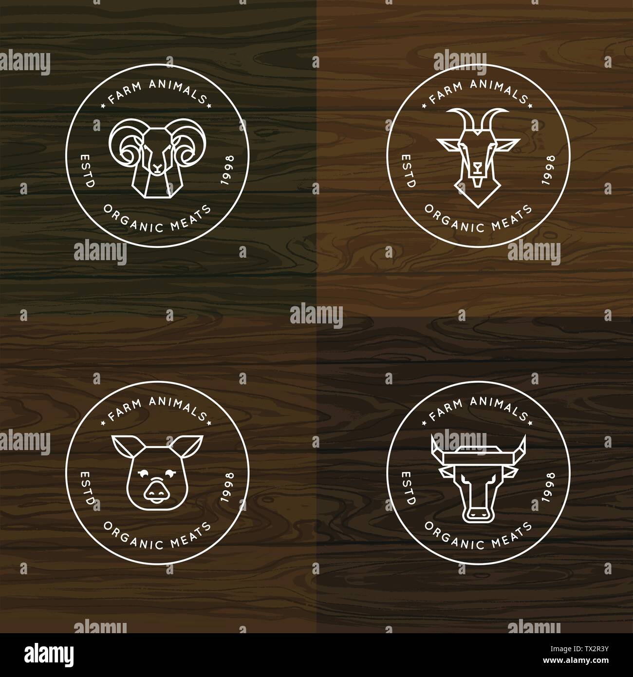 Gli animali della fattoria illustrazione o vettore logo set di 4 illustrazioni isolate in legno sfondo vettoriale Illustrazione Vettoriale