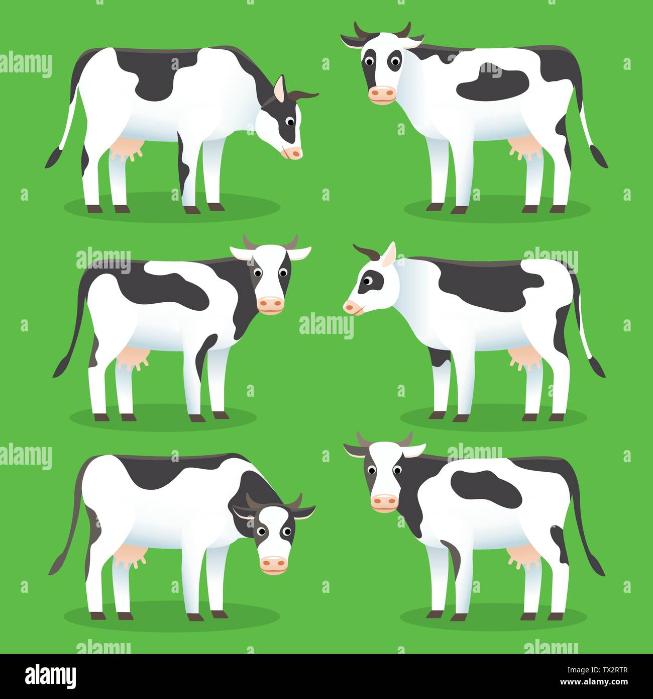 Gli animali di allevamento di mucche isolato su sfondo verde. Set di bianco e nero le vacche in stile appartamento, per il logo e il web design. Fattoria mucca personaggio dei fumetti. Illustrazione Vettoriale