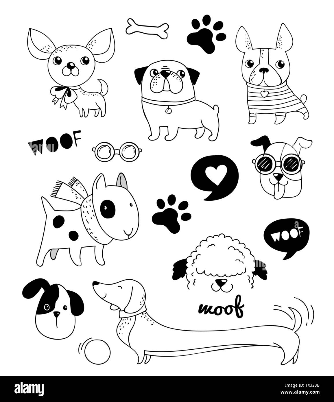 Funny cani, cuccioli scarabocchi, schizzi e illustrazioni. Icone vettoriali Illustrazione Vettoriale