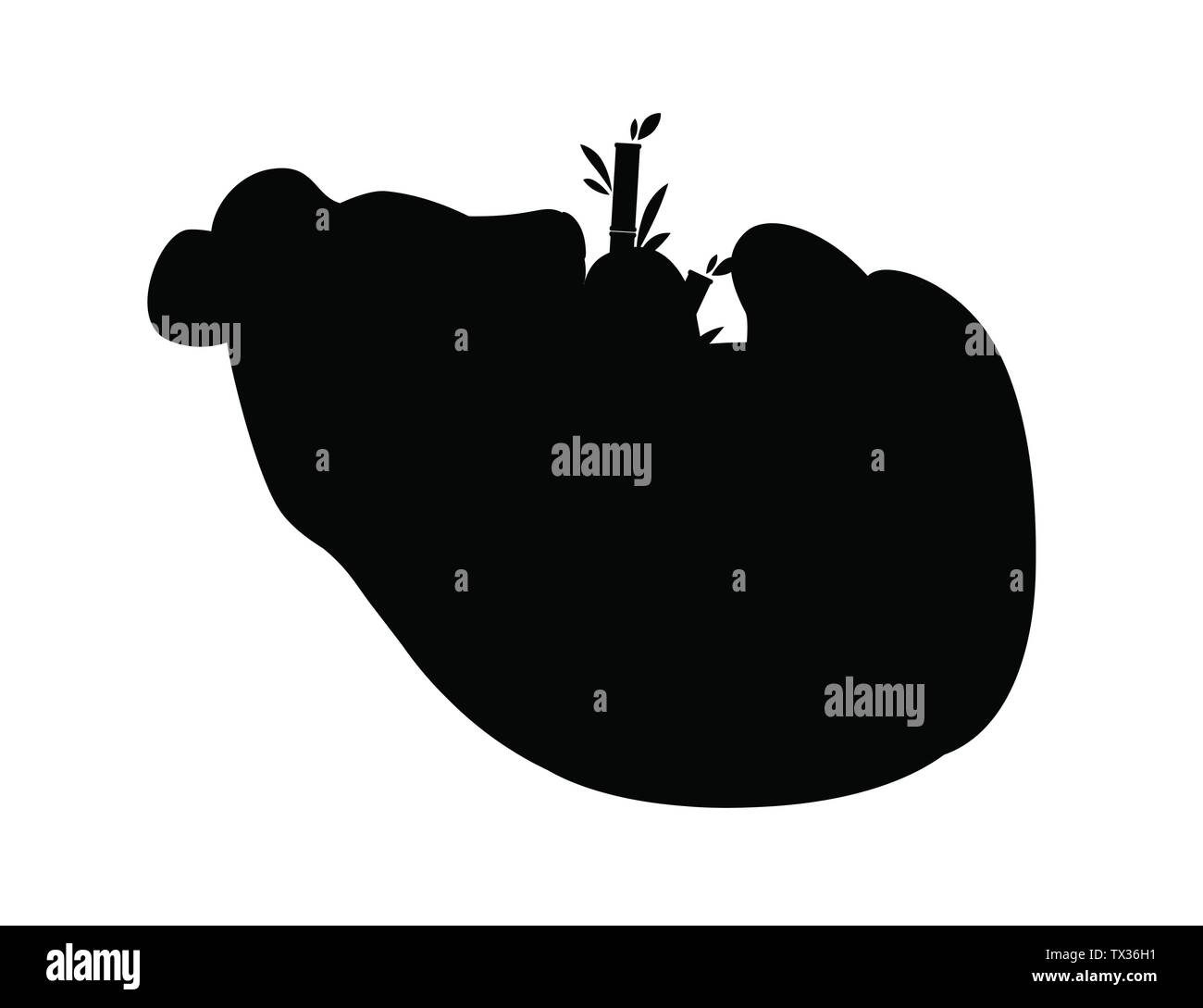 Silhouette nera carino big panda sdraiato sul pavimento e trattiene il ramo di bambù cartoon animale piatto design illustrazione vettoriale. Illustrazione Vettoriale