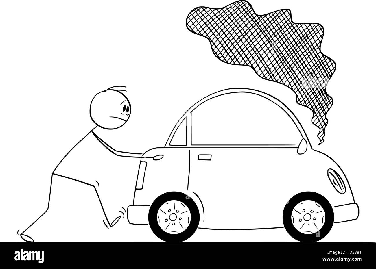 Vector cartoon stick figura disegno illustrazione concettuale dell'uomo spingendo broken auto con fumo proveniente dal motore. Illustrazione Vettoriale