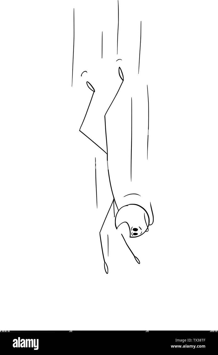 Vector cartoon stick figura disegno illustrazione concettuale dell'uomo o imprenditore cade da altezza. Massa è vicino a. Illustrazione Vettoriale
