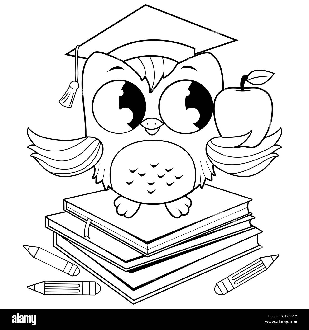 Gufo con cappello da laurea seduto su una pila di libri. Owl insegnante uccello in classe. Pagina da colorare in bianco e nero. Foto Stock