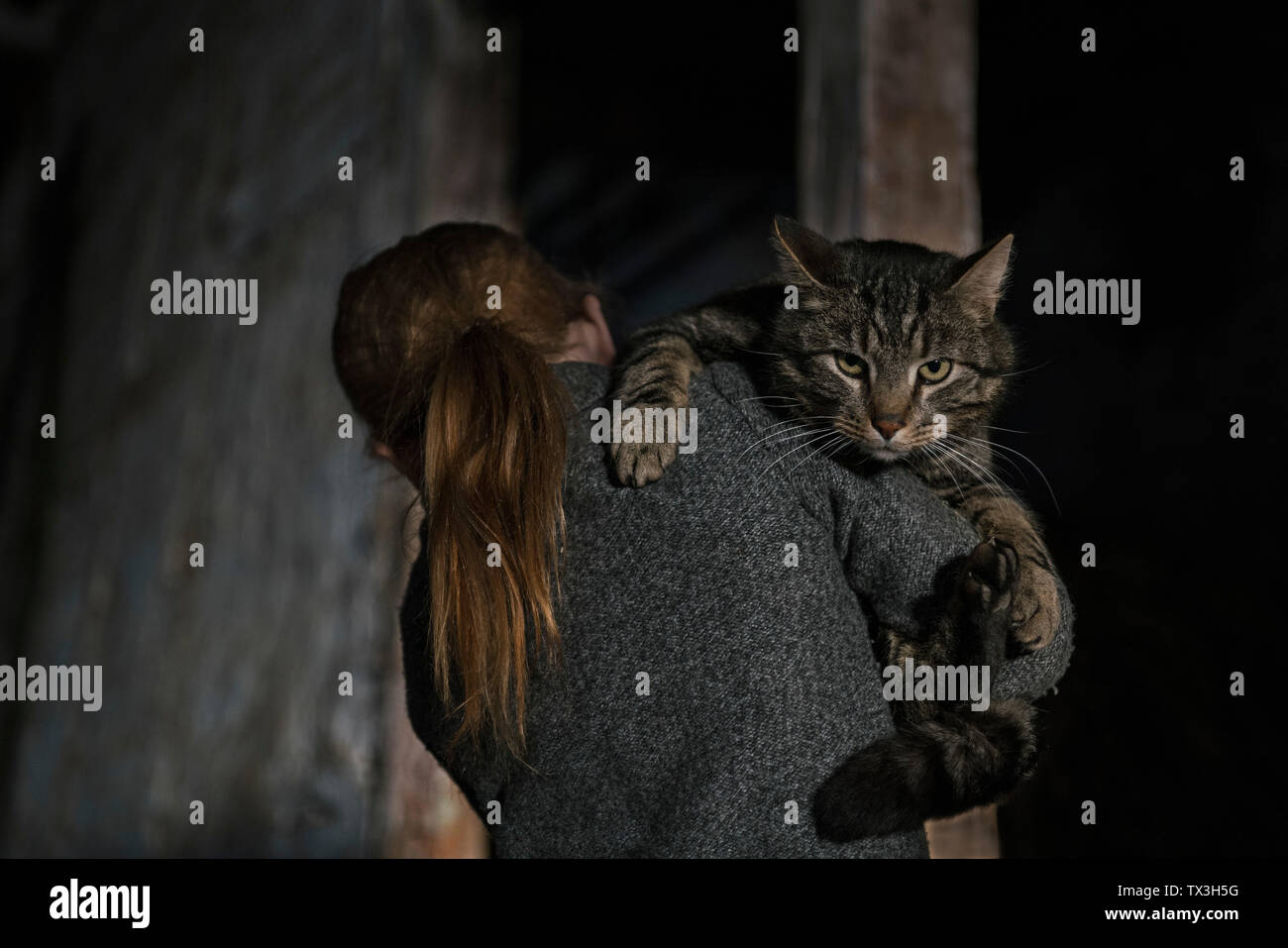 Ragazza con gatto sulla spalla Foto Stock