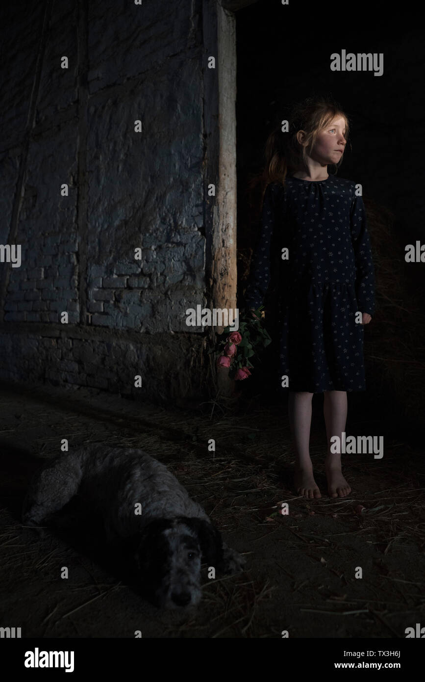 Serena ragazza con i fiori e il cane in dark barn Foto Stock