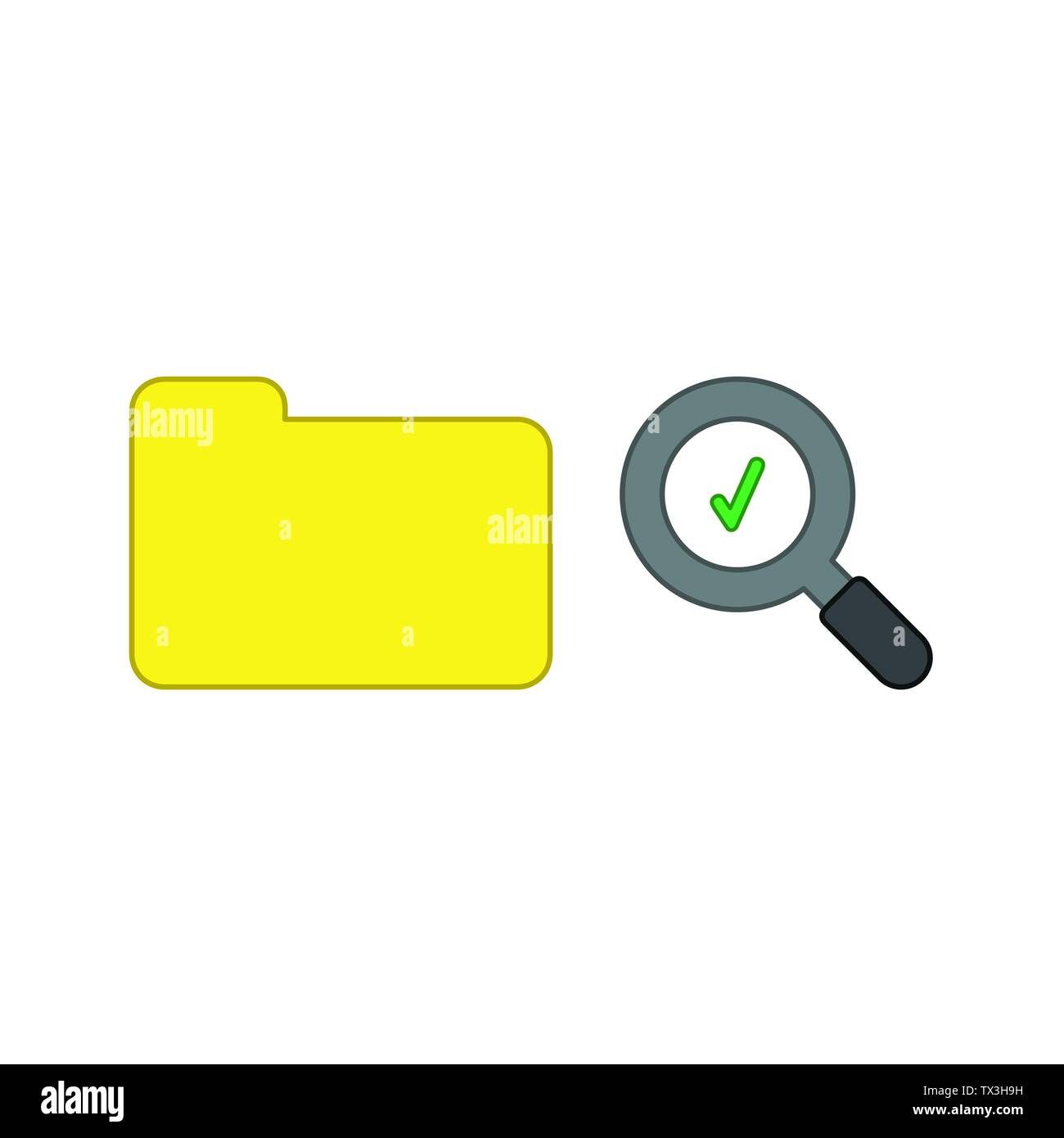 Icona vettore concetto di giallo cartella chiusa e la lente di ingrandimento con il segno di spunta verde. Contorni colorati. Illustrazione Vettoriale