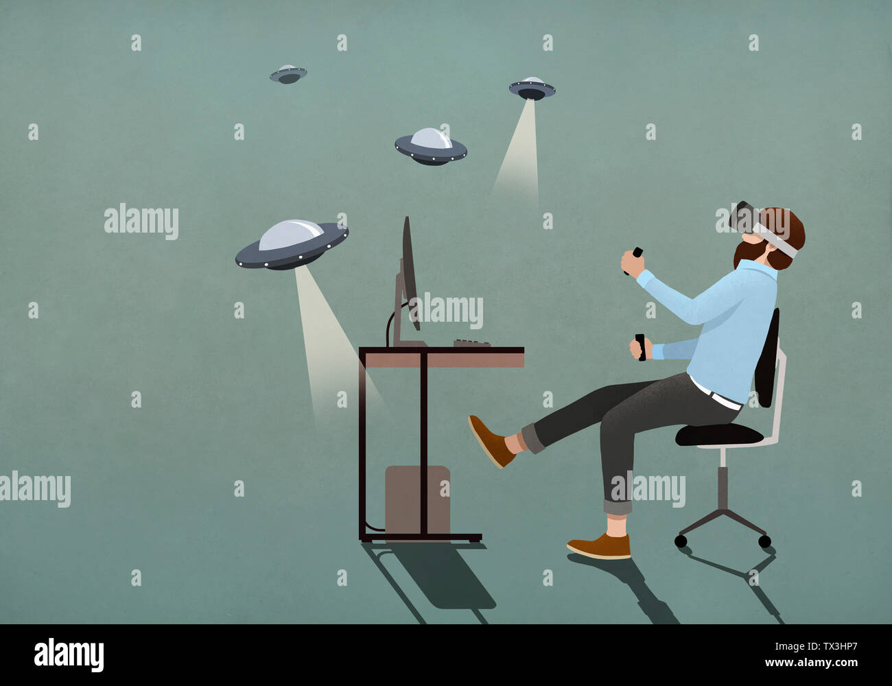 L'uomo gioca UFO video gioco con la realtà virtuale occhiali simulatore Foto Stock