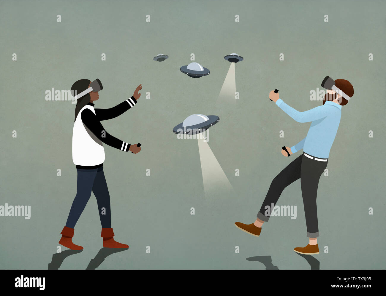 Accoppiare la riproduzione di video di UFO gioco con la realtà virtuale occhiali simulatore Foto Stock