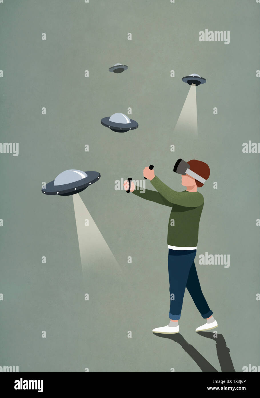 Ragazzo giocando UFO video gioco con la realtà virtuale occhiali simulatore Foto Stock