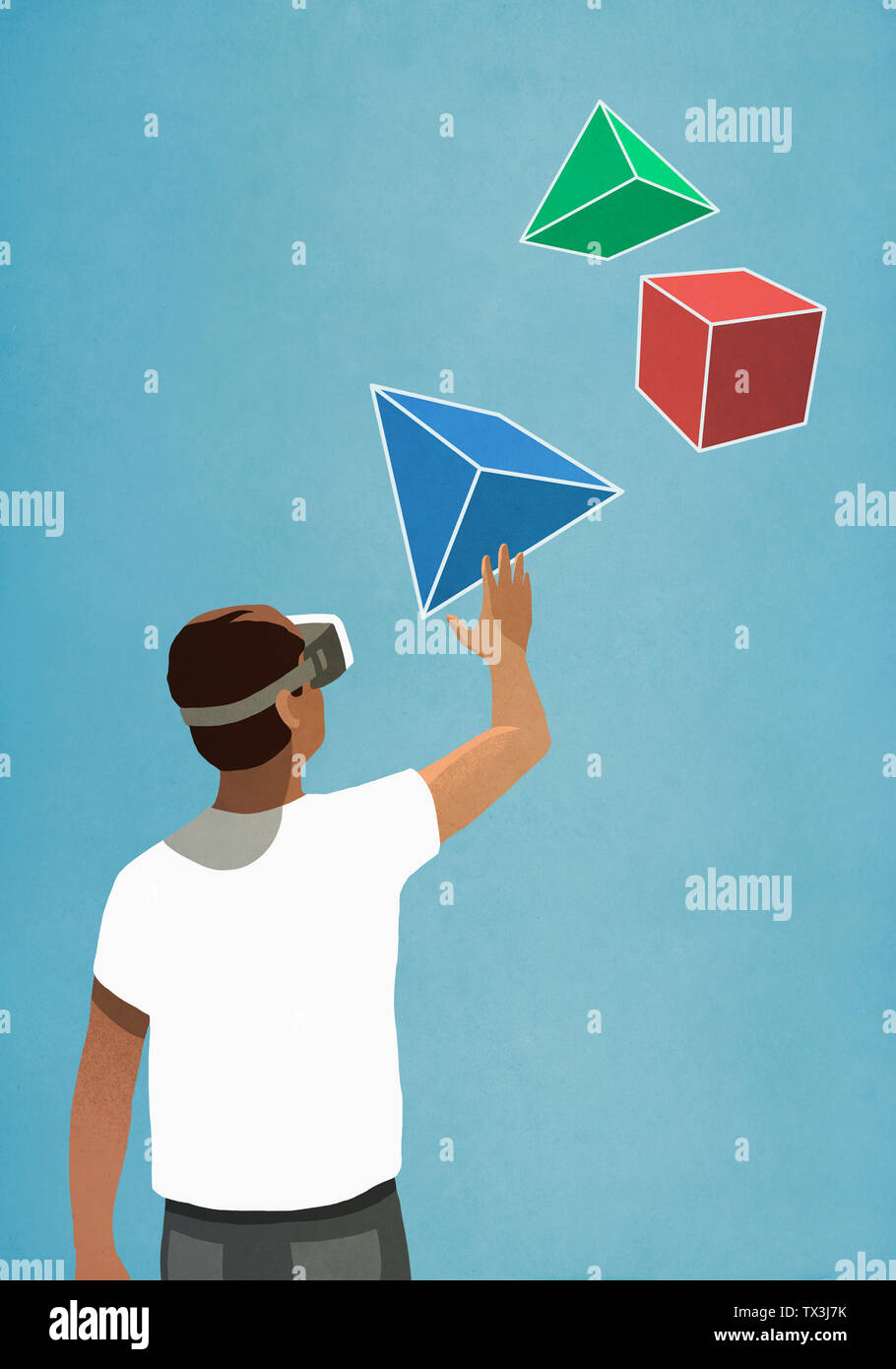Uomo con la realtà virtuale occhiali simulatore cercando fino a 3D forme geometriche Foto Stock