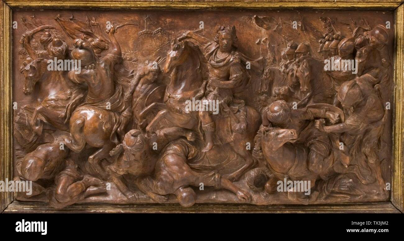 Francesco III di Lorena Trionfando sui Turchi (immagine 1 di 4); Paesi Bassi, 1739-circa 1747 scultura terracotta Patinata con cornice in legno dipinta e dorato 26 1/2 x 52 pollici. (67,31 x 132,08 cm); Telaio: 37 1/2 x 63 in. (95,25 x 160,02 cm); regalo di Lynda e Stewart Resnick in onore del 40th anniversario del museo (M.6255,75) scultura europea; 1739-circa 1747; Foto Stock