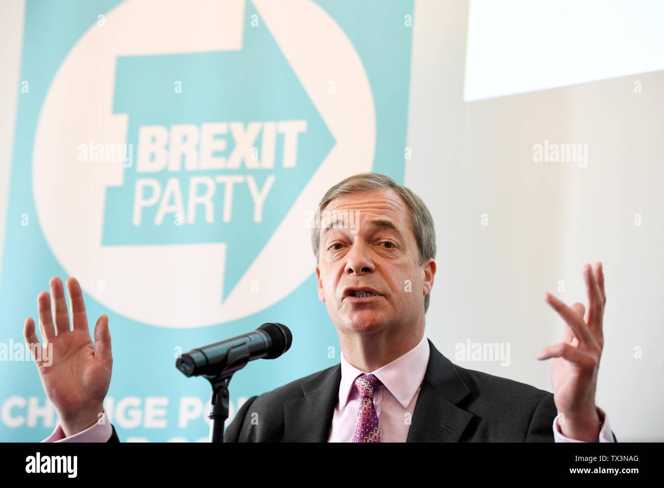 Brexit Party leader Nigel Farage durante una presentazione sui voti postali al Carlton House terrazza a Londra. Foto Stock