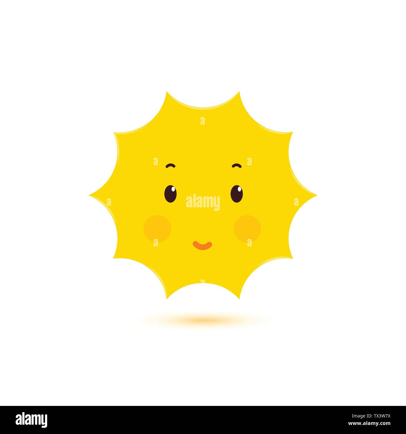 Sorridenti Sun, vettore isolato icona. Carino shine forma. Kawaii style concept design. Modello di logo. Illustrazione Vettoriale