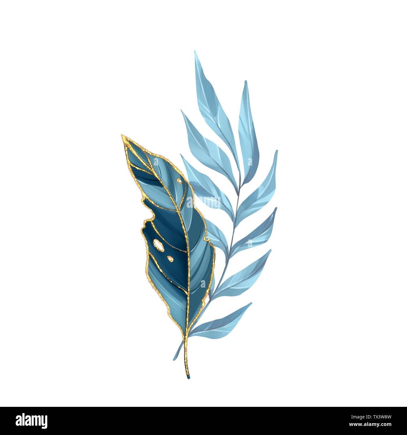 Illustrazione floreale bouquet. Blu e foglia oro filiali Foto Stock