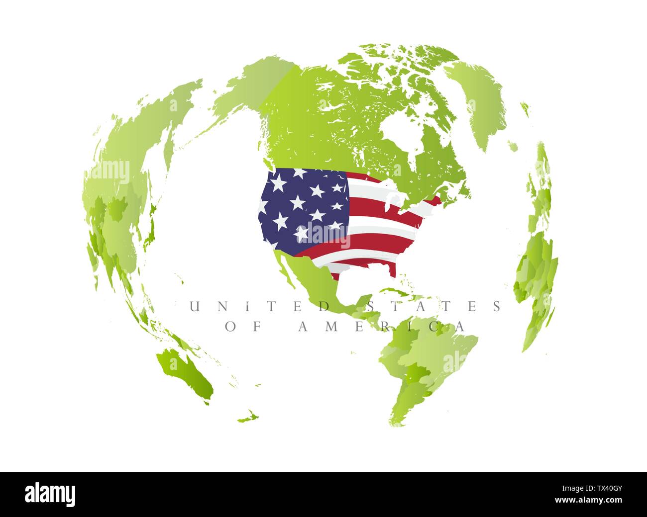 Regno Satates di America sulla mappa verde, membro nel centro della terra, effetto fisheye. Isolato illustrazione vettoriale su sfondo bianco. Illustrazione Vettoriale