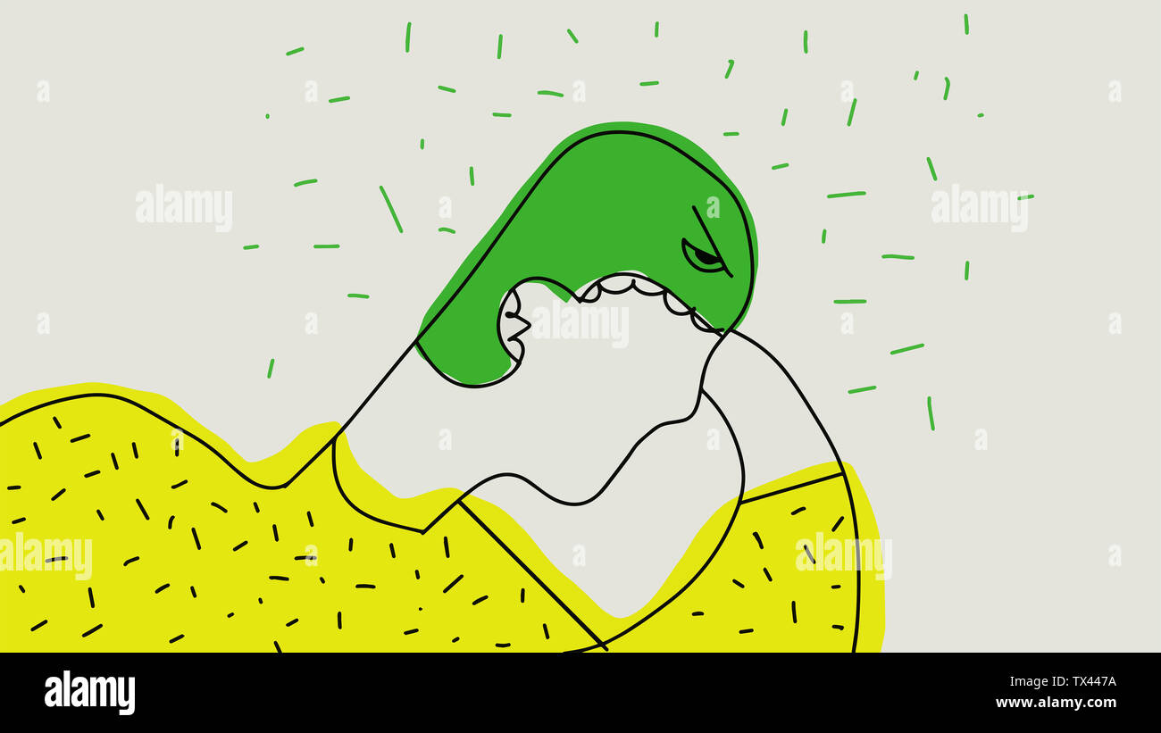 Disturbi d'ansia. Persona che si sente in ansia, paura o apprensione. Illustrazione concettuale che mostra guy preoccupati per un problema. Giallo e verde. Foto Stock