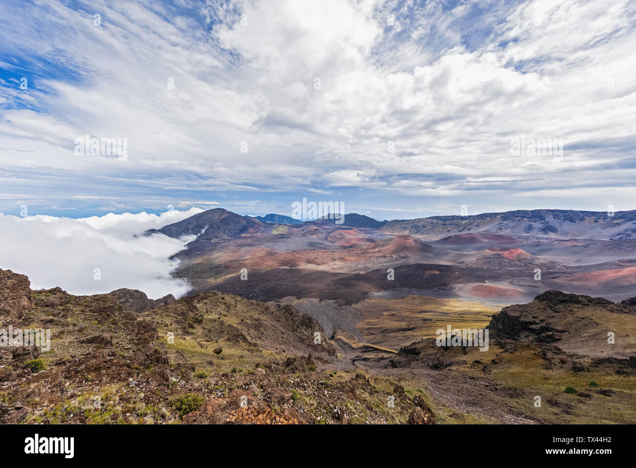 Stati Uniti d'America, Hawaii Maui, Haleakala, paesaggio vulcanico di nuvole, vista nel cratere Haleakala Foto Stock