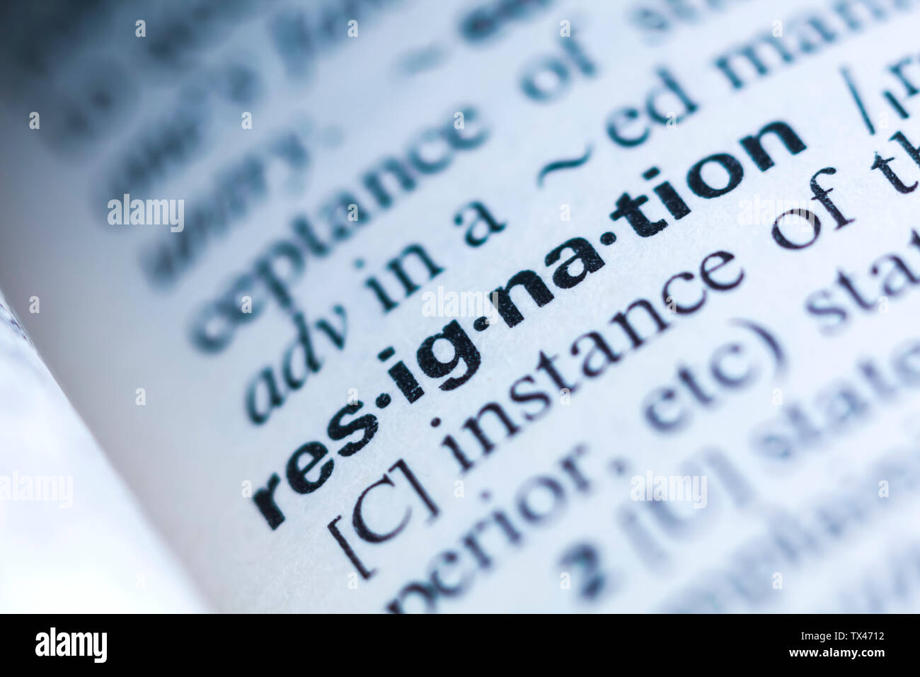 La parola chiave in un dizionario, dimissioni Foto Stock