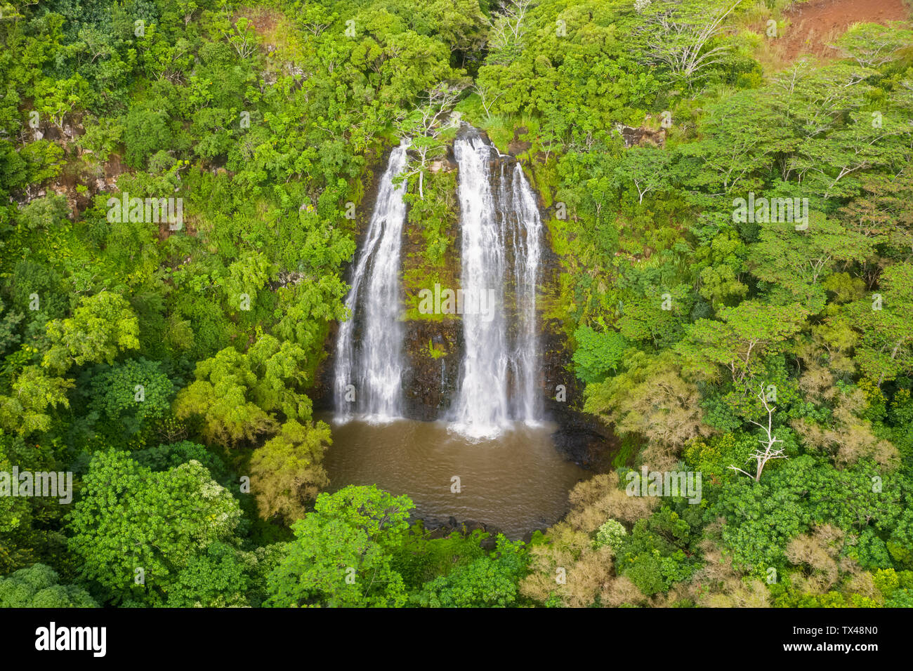 Stati Uniti d'America, Hawaii, Kauai, Stato Wailua Park, Cascate Opaekaa, vista aerea Foto Stock