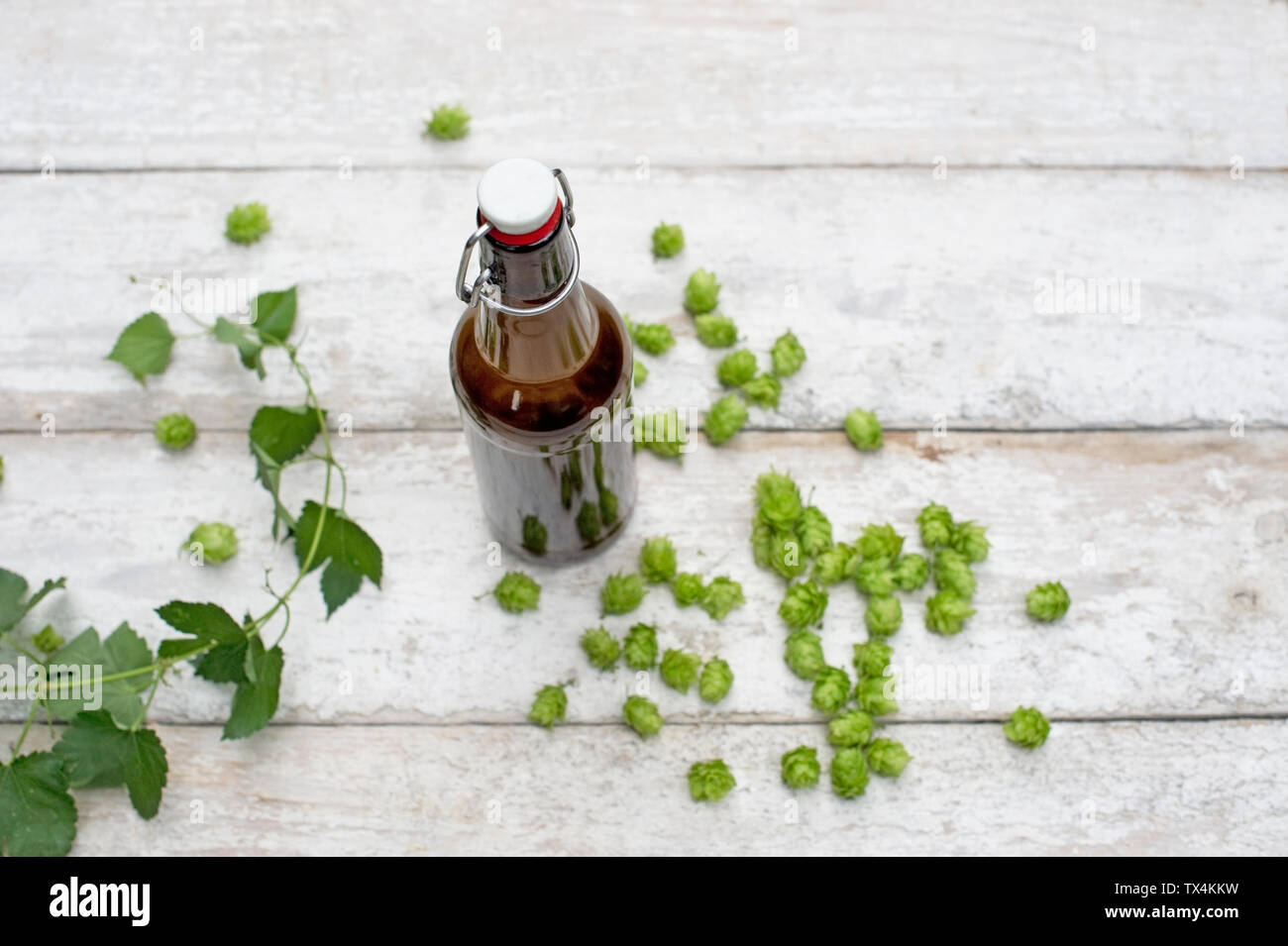 Bottiglia di birra e luppolo sul legno bianco Foto Stock