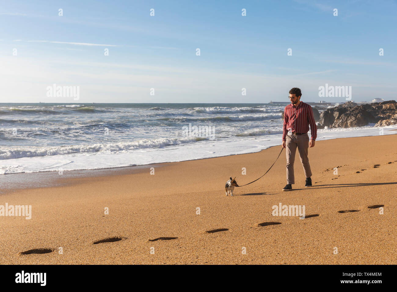 Il Portogallo, Porto, giovane passeggiare sulla spiaggia con il suo cane Foto Stock