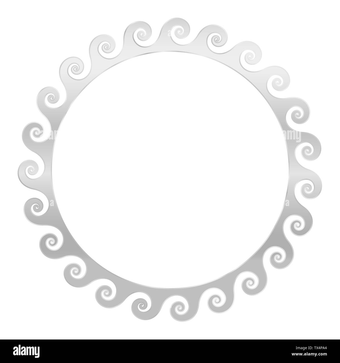 Spirali di argento telaio. Perfetta configurazione a meandro design. A forma di onde nel motivo ripetuto. Modello di scorrimento. Cornice decorativa. Foto Stock