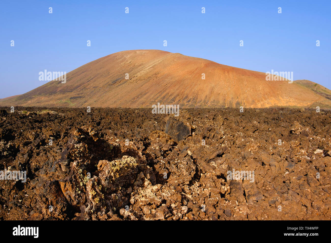 Spagna Isole Canarie Lanzarote, Los Volcanes Natura Park, Montana del Cortijo, campo di lava Foto Stock