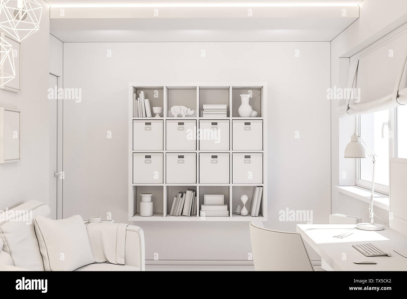 Home office interior design concept in un cottage privato. 3d illustrazione degli interni in colore bianco senza texture. Per il vostro design personalizzato Foto Stock