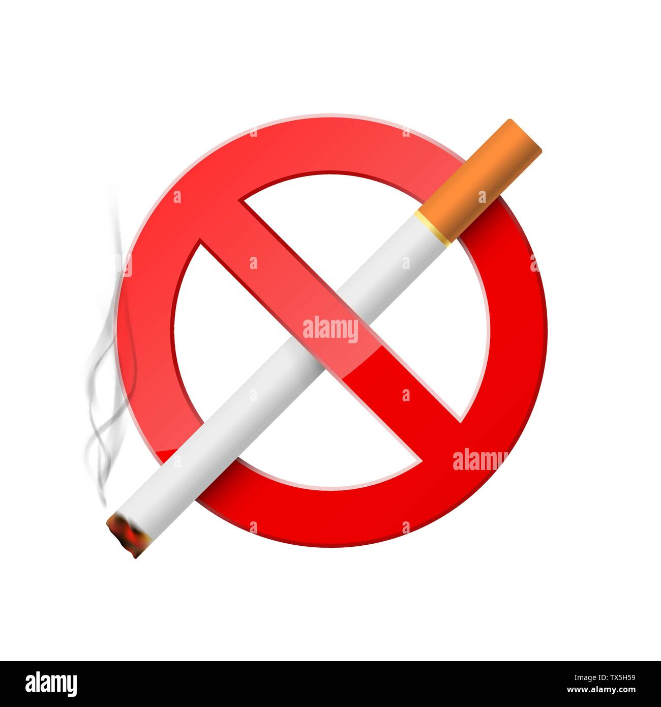 Non fumare. Rosso segno di divieto con la masterizzazione di sigaretta. Realistico vietato fumare icona. Illustrazione di vettore isolato su sfondo bianco Illustrazione Vettoriale