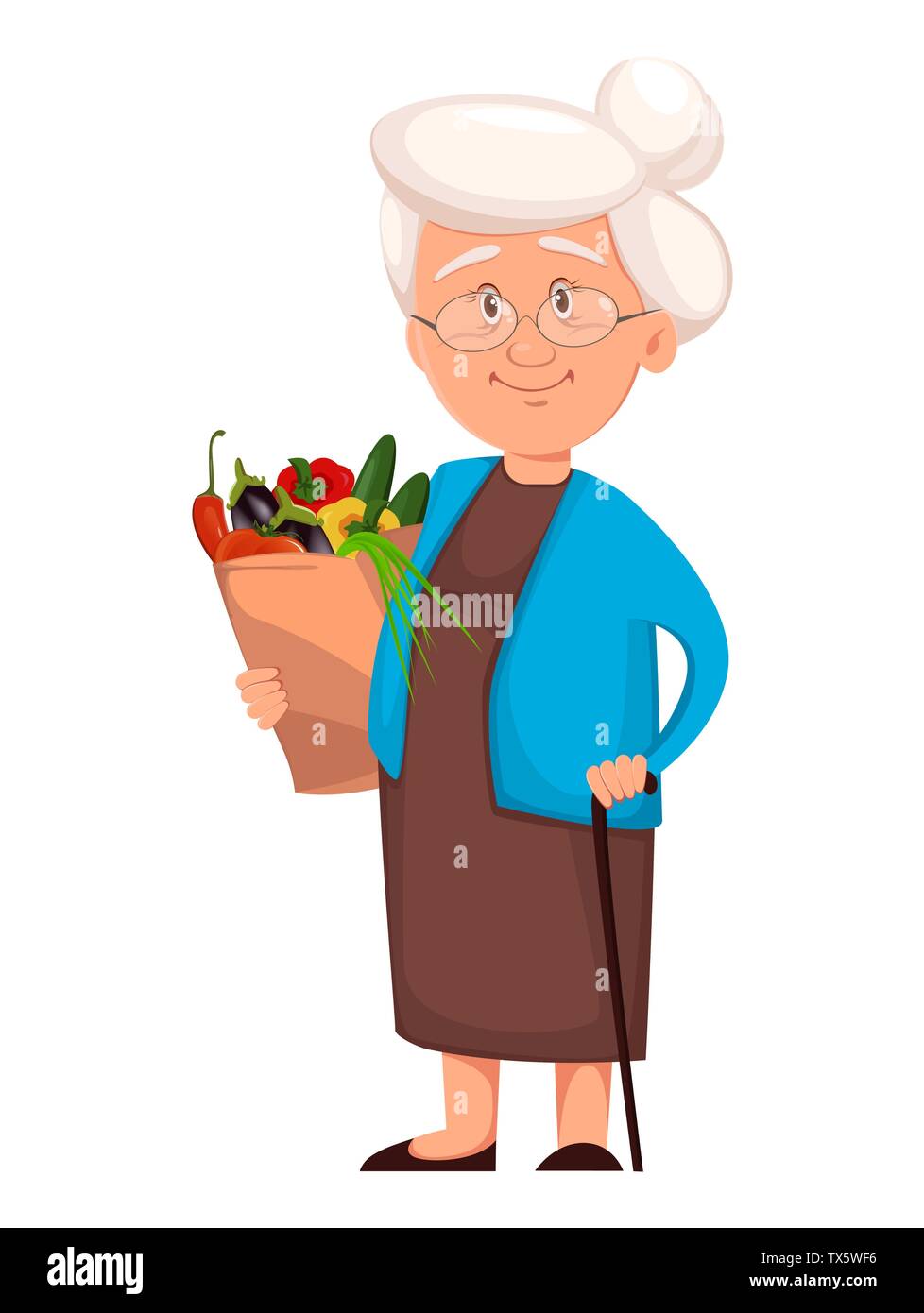 Nonna holding pack con verdure. Cartoon carino carattere. Felice giorno dedicato ai nonni. Illustrazione Vettoriale su sfondo bianco Illustrazione Vettoriale