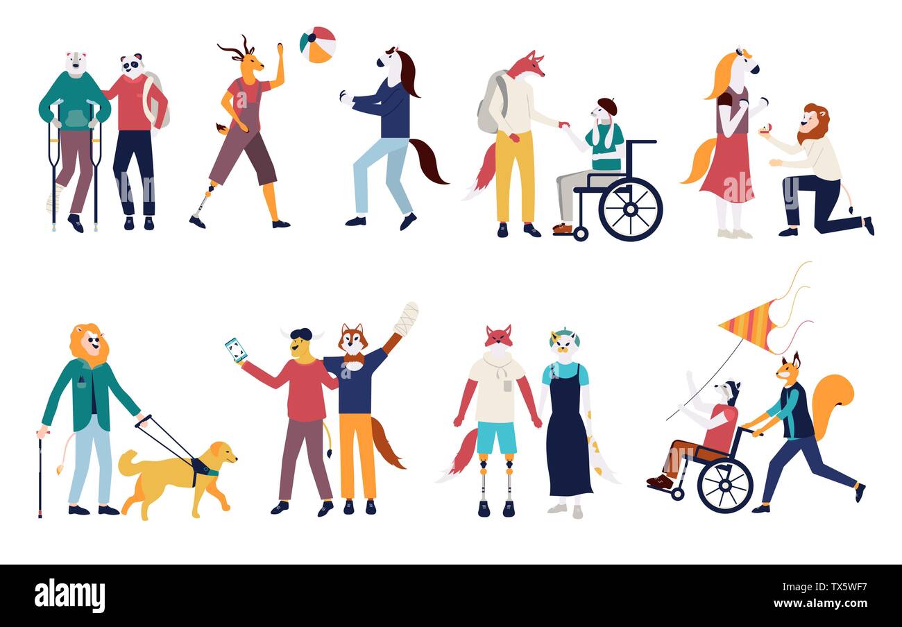 Set di uomini e donne illustrazione vettoriale. Collezione di persone disabili con i loro romantici partner e amici cartoon piatto. Disturbo fisico o compromissione con i tuoi amici e la famiglia di caratteri. Illustrazione Vettoriale