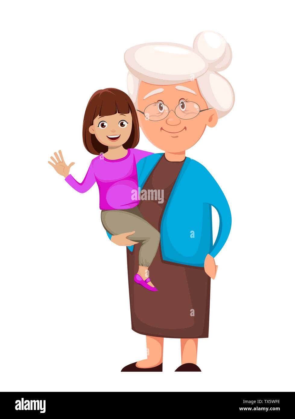 Nonna con la sua nipotina. Simpatici personaggi dei cartoni animati. Felice giorno dedicato ai nonni. Illustrazione Vettoriale su sfondo bianco Illustrazione Vettoriale
