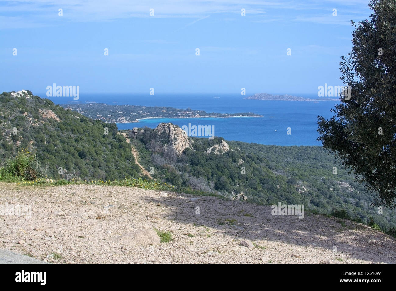 Bella vista sulla macchia mediterranea e arcipelago in Sardegna, Italia nel mese di marzo. Foto Stock