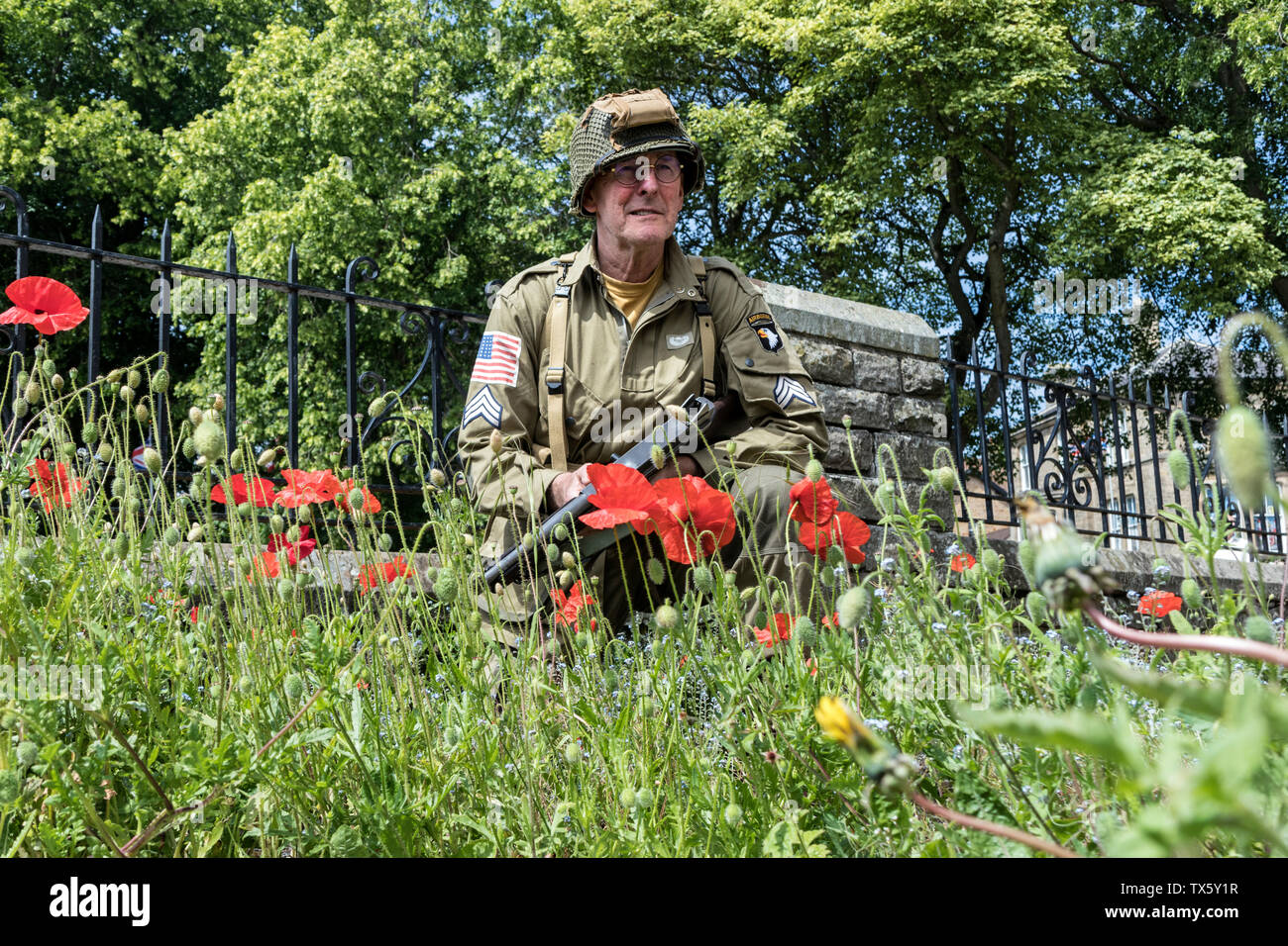 Noi Airborne Soldier (Re-Enactor) Circondato da papaveri, Barnard Castle, 1940's Weekend, 2019, Teesdale, County Durham, Regno Unito Foto Stock