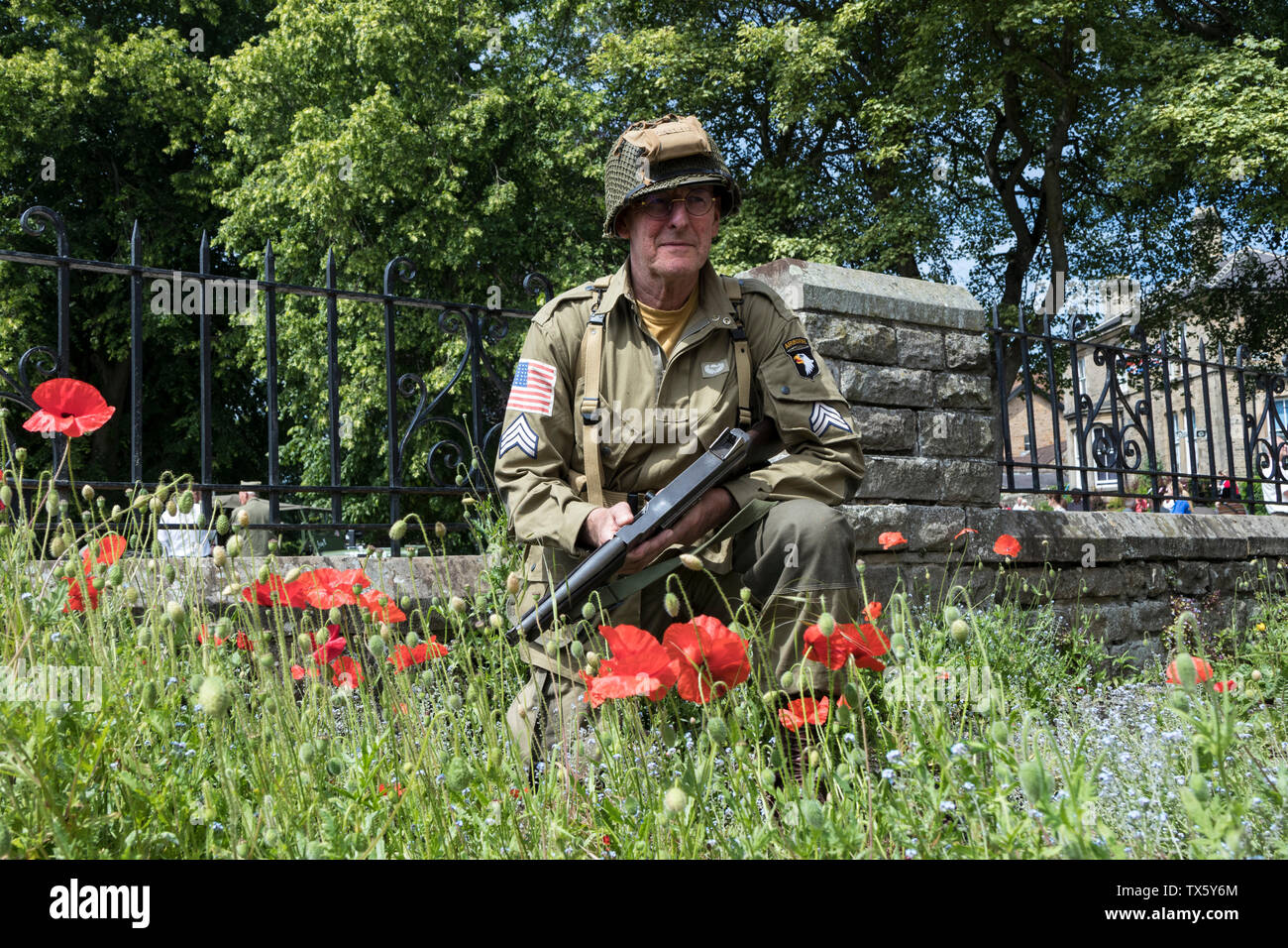Noi Airborne Soldier (Re-Enactor) Circondato da papaveri, Barnard Castle, 1940's Weekend, 2019, Teesdale, County Durham, Regno Unito. Foto Stock