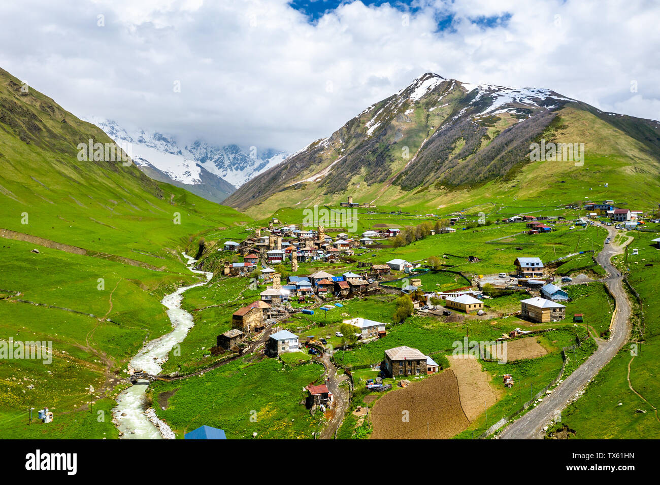 Villaggio Ushguli in Alta Svaneti, Georgia Foto Stock