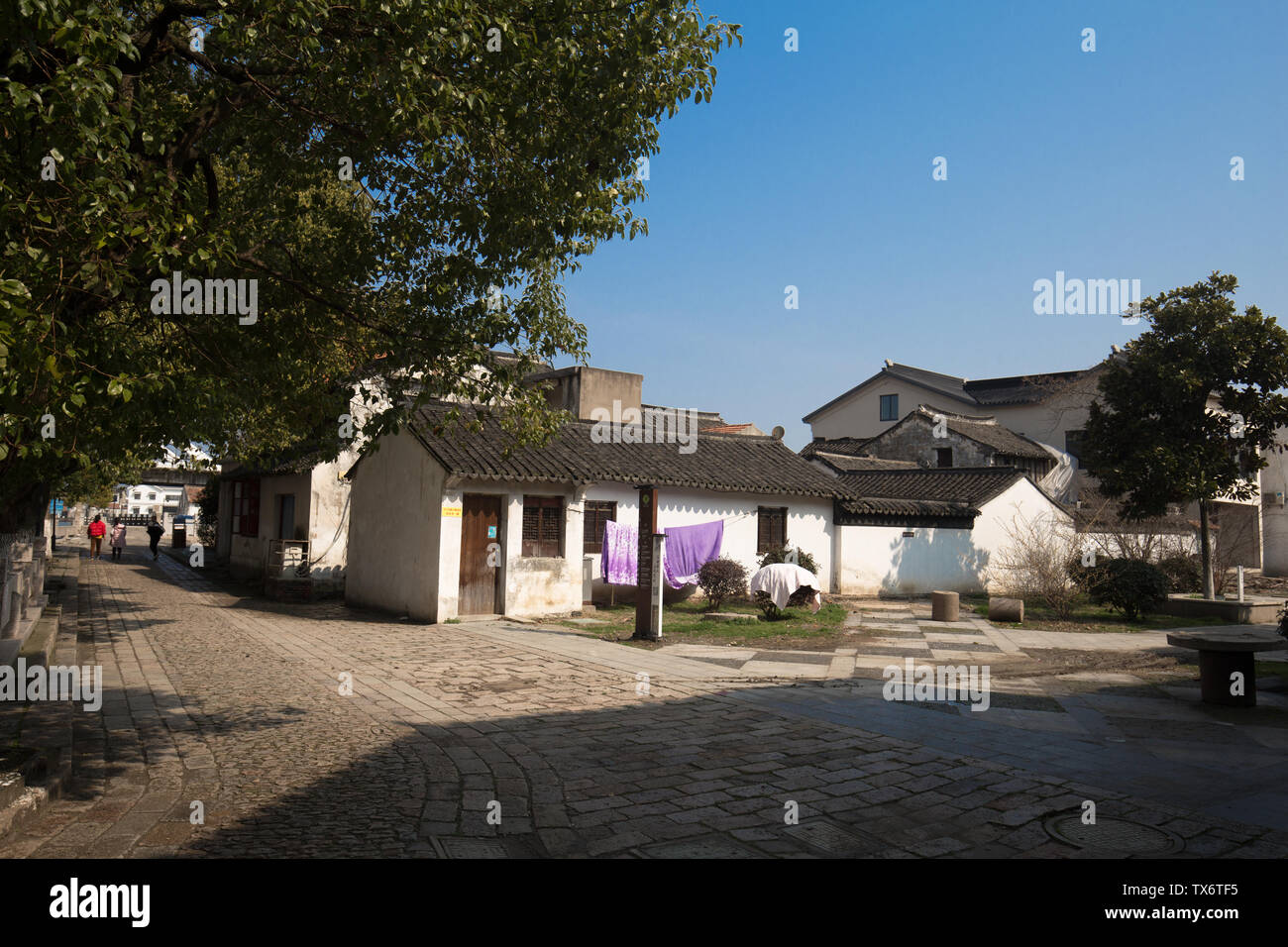 Bacheng Old Street continua lo stile architettonico della Dinastia Qing e la Repubblica popolare cinese, con antichi edifici della dinastia Qing e la Repubblica di Cina su entrambi i lati. Negozi stand in serata acqua, faccia cuscino via fiume, parete rosa Daiwa, pietra banche chiazzato, porti fluviali sfalsati. Il fiume della città di acqua è a colori nitidi e la barca nel fiume è come il cambio diretto di direzione di marcia, una splendida acqua Jiangnan township di stile. Fino alla vigilia della liberazione, il modello di base della vecchia strada è rimasto invariato. Foto Stock