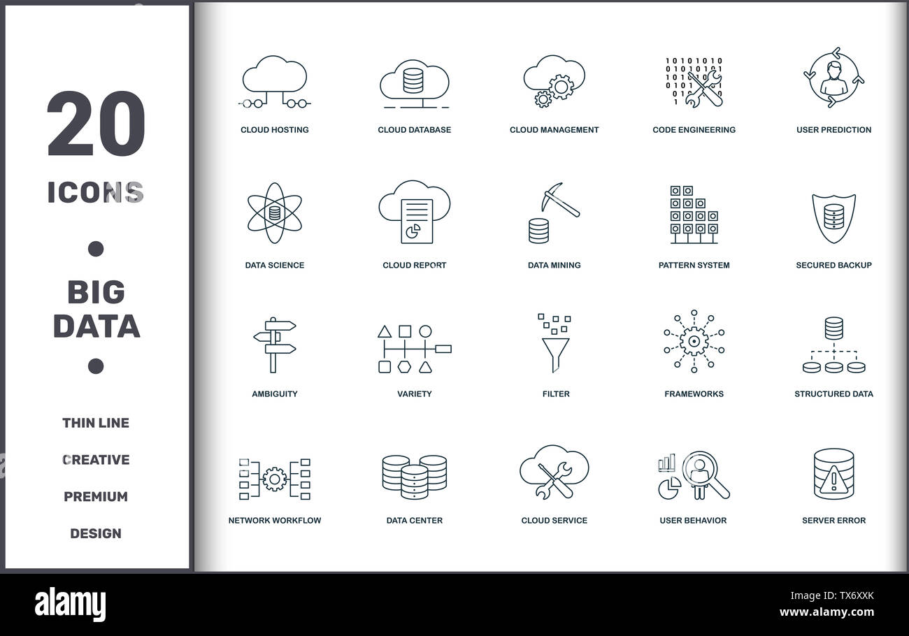 Grandi set di dati raccolta di icone. Include elementi semplici come il Cloud hosting, database Cloud, Cloud Management, codice Engineering, previsione utente Foto Stock