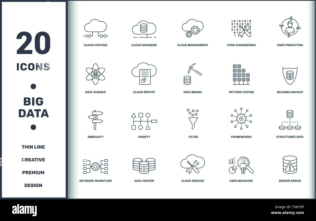 Grandi set di dati raccolta di icone. Include elementi semplici come il Cloud hosting, database Cloud, Cloud Management, codice Engineering, previsione utente Illustrazione Vettoriale