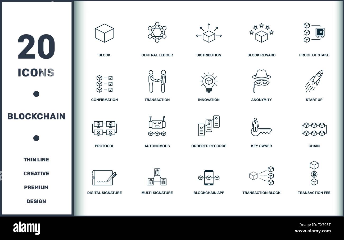 Set Blockchain raccolta di icone. Include elementi semplici come il blocco centrale, Ledger, distribuzione, blocco ricompensa, prova del picchetto, autonomo e Illustrazione Vettoriale