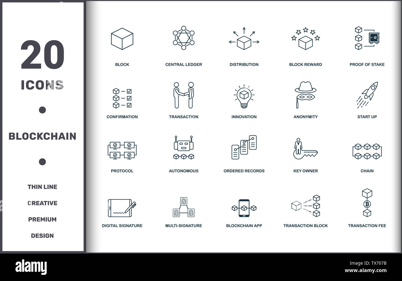 Set Blockchain raccolta di icone. Include elementi semplici come il blocco centrale, Ledger, distribuzione, blocco ricompensa, prova del picchetto, autonomo e Foto Stock