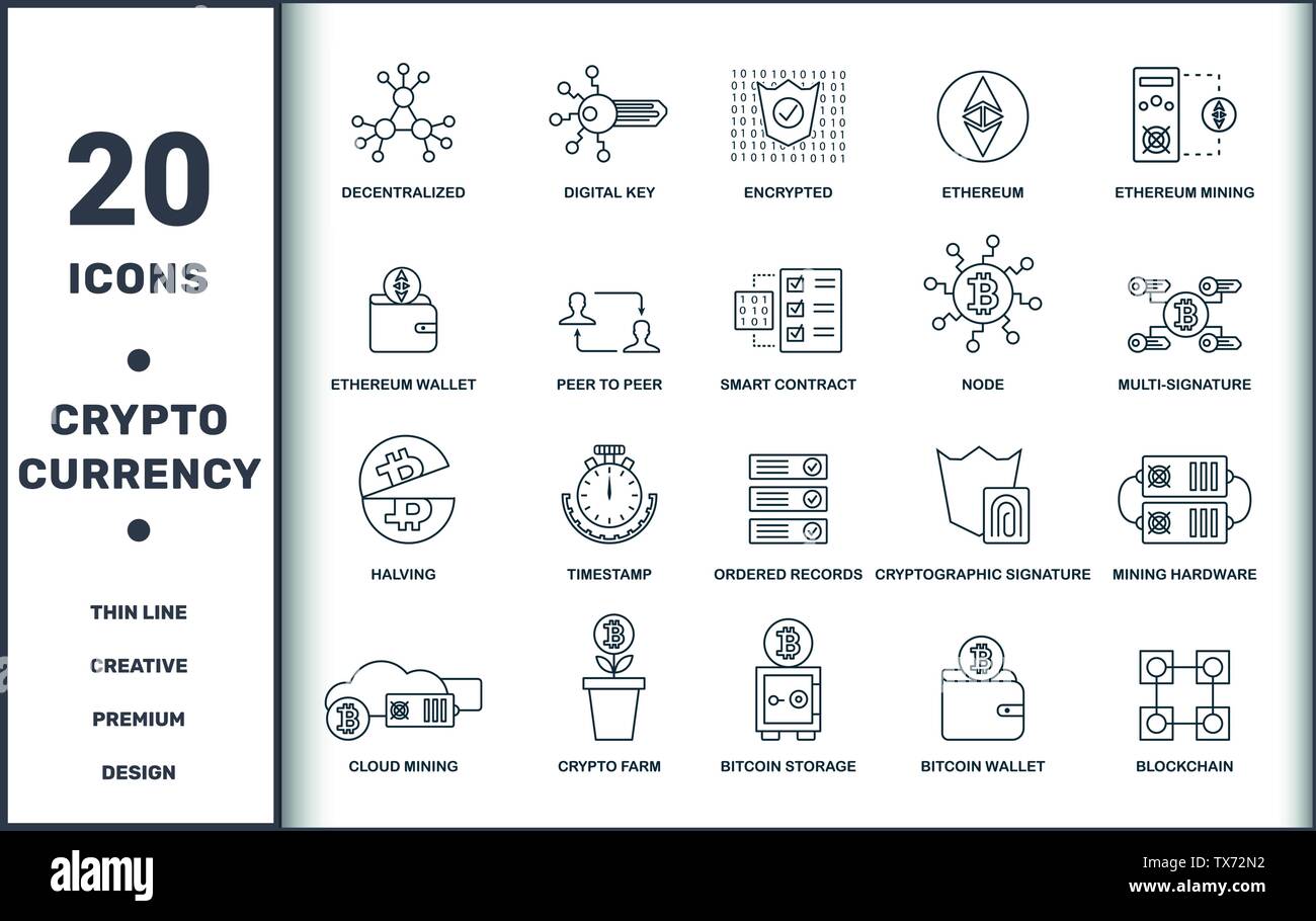 Crypto Currency Icons raccolta di set di linee sottili. Include elementi creativi come decentralizzati, chiave digitale, cifrati, etereo, etereo mining Illustrazione Vettoriale