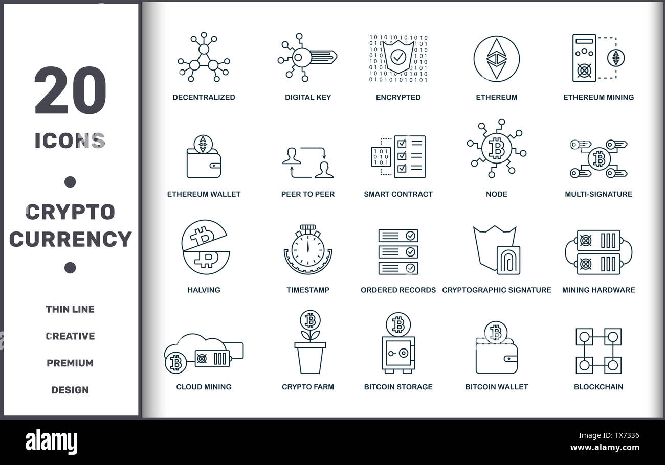Crypto Currency Icons raccolta di set di linee sottili. Include elementi creativi come decentralizzati, chiave digitale, cifrati, etereo, etereo mining Foto Stock