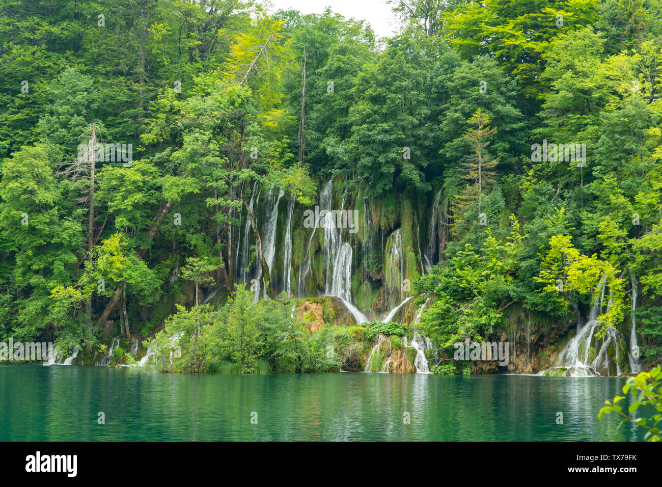 Cascate sul lago Okugrljak, il Parco Nazionale dei Laghi di Plitvice, Croazia Foto Stock